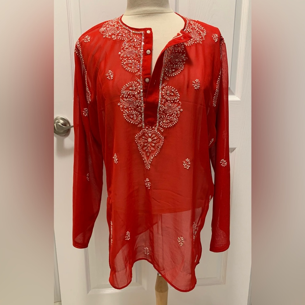 Chic Red Embroidered Women's Tunic/Kurta/kaftan, Size L-XL